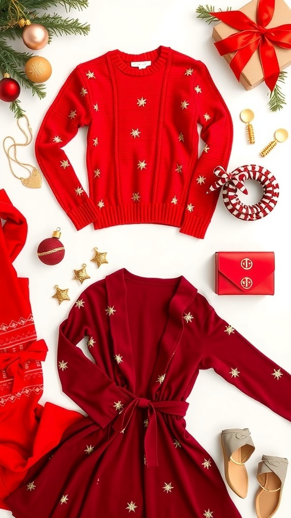Festive Christmas Outfit Ideas A collection of Christmas outfits including a red sweater, a red dress, and festive accessories on a decorated table.